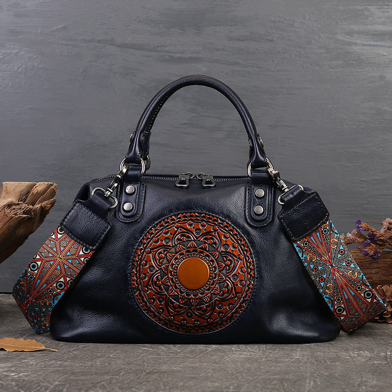 Women's Genuine Leather Satchel Business Handbag - Light Brown Geometric Retro Totem Design, Large Capacity Convertible Shoulder/Handbag with Adjustable Strap