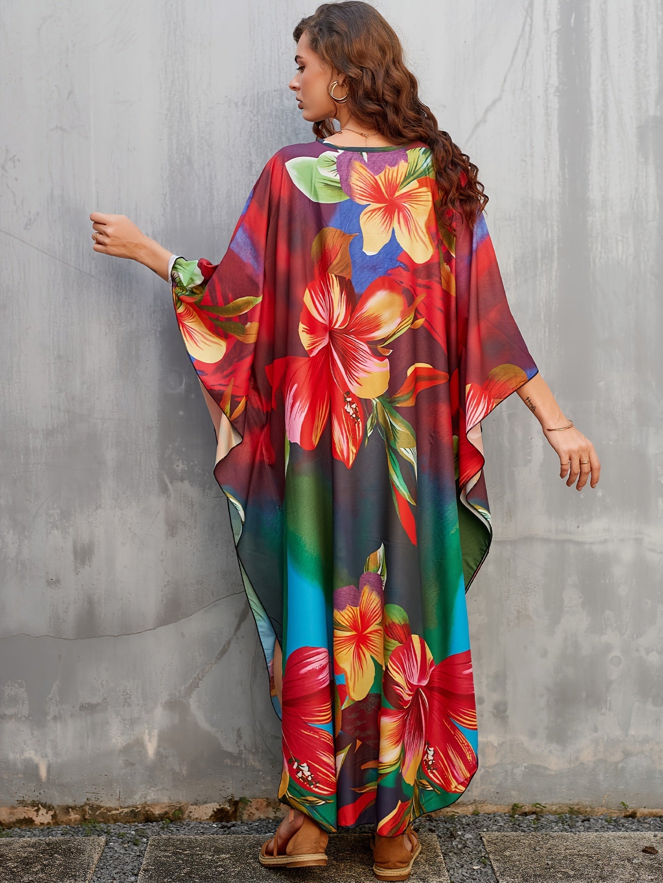 Women's Long Beach Cover Up With Floral Print Kaftan Deep V-neck Casual Vacation Bikini Swimsuit Cover Up