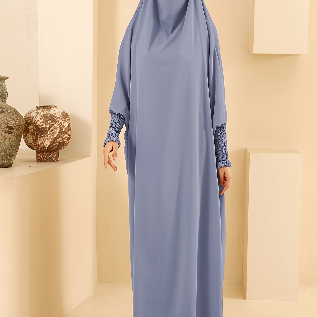 Women's Long Sleeve Abaya Dress - Loose Fit Solid Blue Kraft Style with Frill Hem