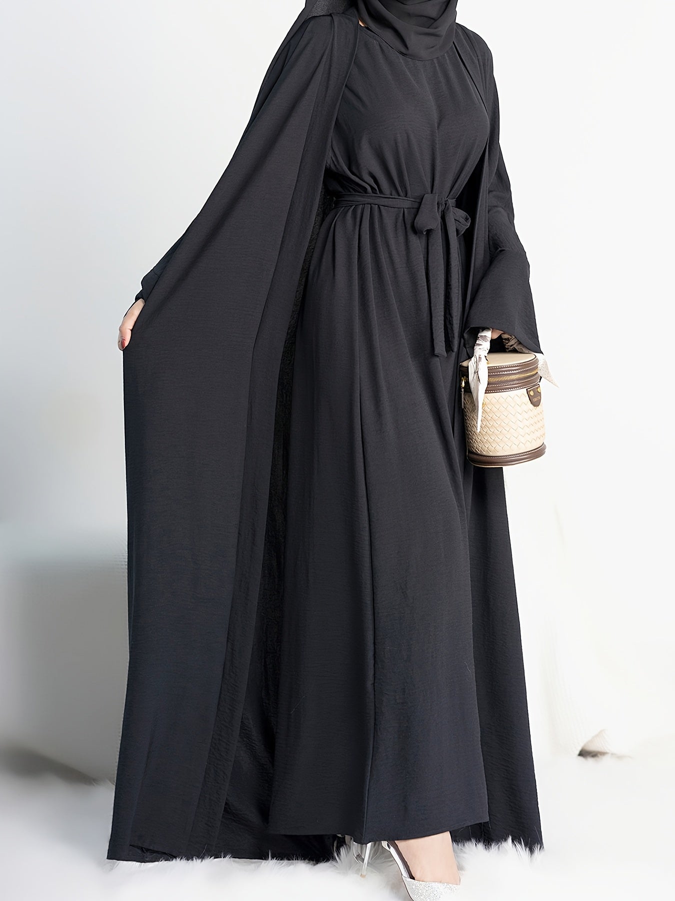 Muslim Lady 2pcs Arabic Abaya Set Eid Abaya Inner+open Abaya With Pocket