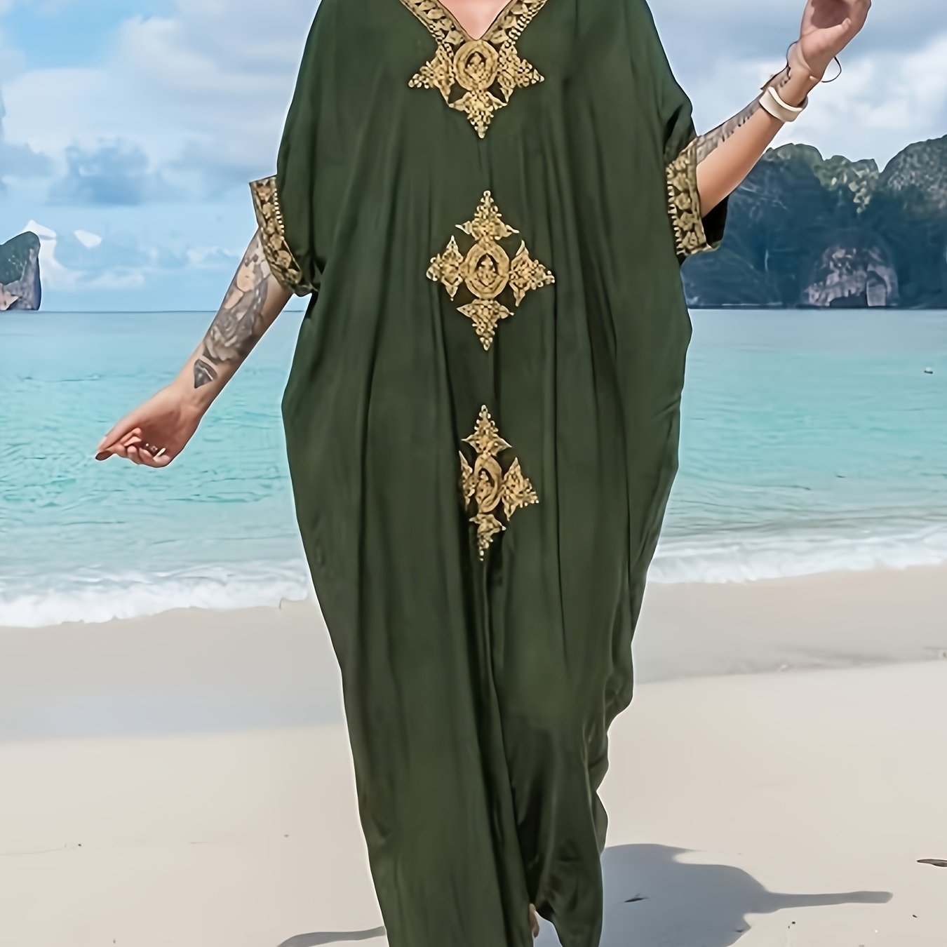 Gold Embroidery Long Kaftan Dresses V Neck Caftan Dress Beach Cover Ups