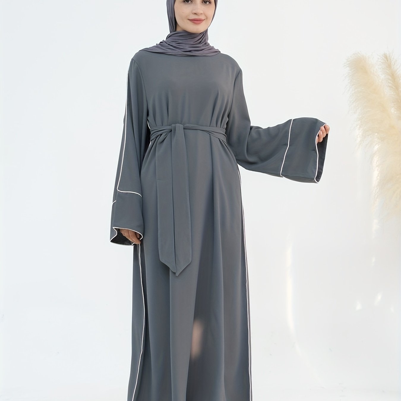 Women's Stylish Solid Color Dubai Turkish Abaya with Lace-Up Waist - Long Robe with Belt, Sleeveless, Polyester, All-Season Wear, Casual Attire|Elegant Attire|Polyester Fabric