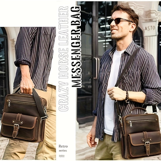 Crazy Horse Leather Messenger Bag For Men 12.9" IPad Bag With Handle Crossbody Shoulder Bag Vintage Briefcase Work Travel Handbag Satchel