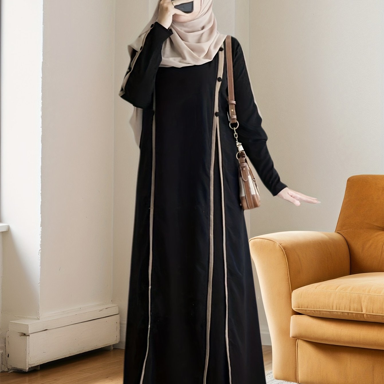 Women's Elegant Loose-Fit Long Sleeve Arabic Abaya with Adjustable Waist Belt - Solid Black Casual to Formal All-Season Machine Washable Traditional Attire, Modest Apparel, No Stretch Fabric