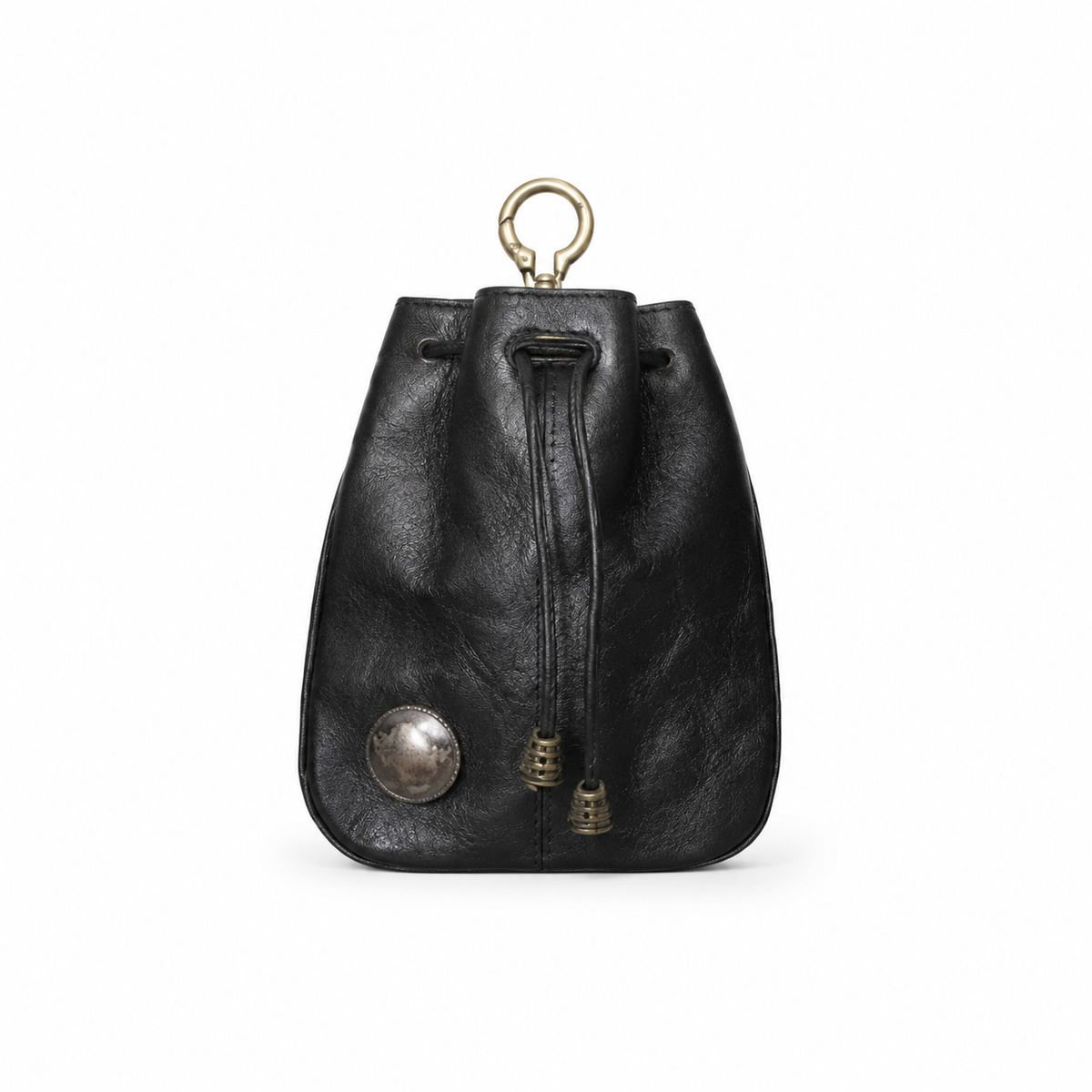 Black Vintage Leather Drawstring Pouch Bag