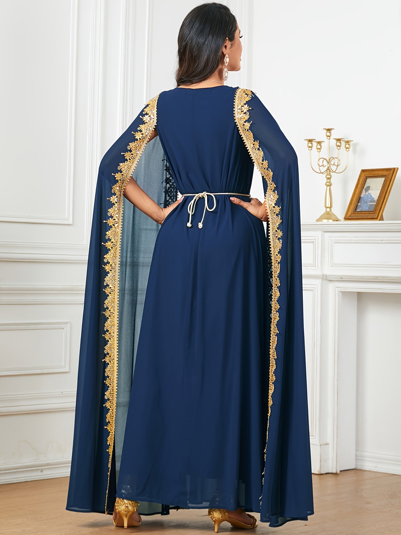 Middle Eastern-Inspired Emerald Green Sequin-Trimmed Lace Embroidery Robe Modern Abaya - Long Sleeve A-Line Gown with Golden Accents, Machine Washable Formal & Casual Wear