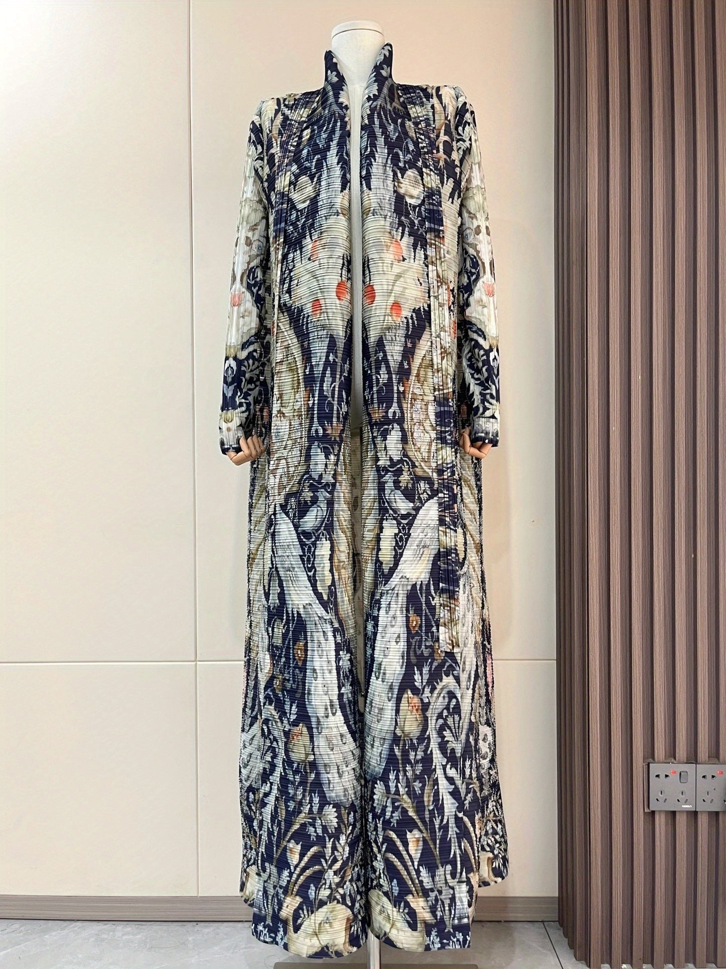 2025 Summer New Miyake-Style Kaftan Abaya, Long Sleeve, High-Elasticity Polyester Dress with Geometric Print, Belted Waist Design - Versatile for Daily Commute & Formal Occasions