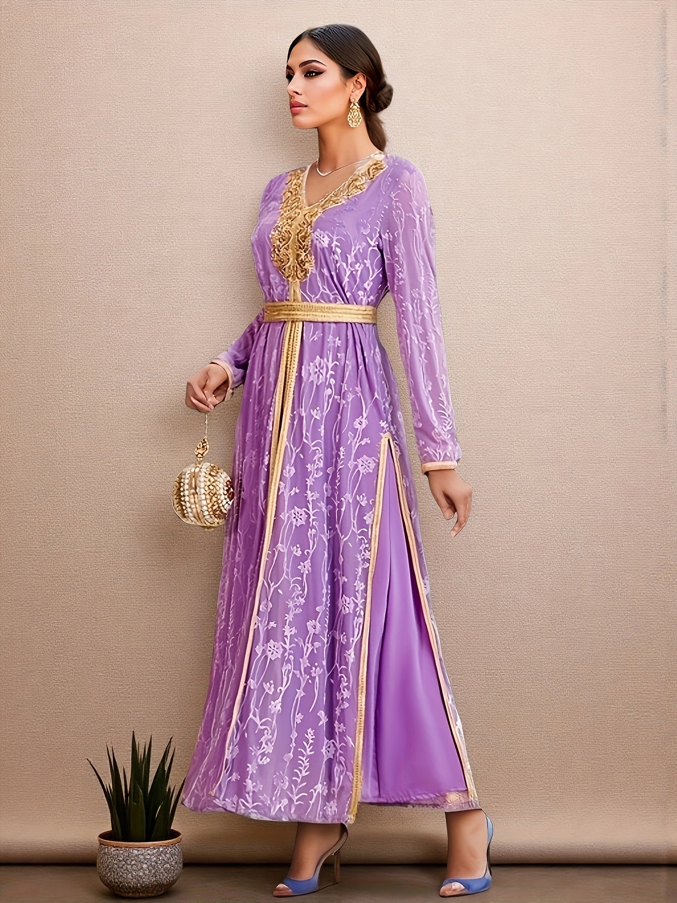 Elegant Women's Emirati Abaya Dress - Long Sleeve, Lace Detailing, Belted Waist, Flowing Design, Solid Purple, Perfect for Spring/Summer Casual Wear, Cultural Fashion, Elegant Attire | Flowing Abaya