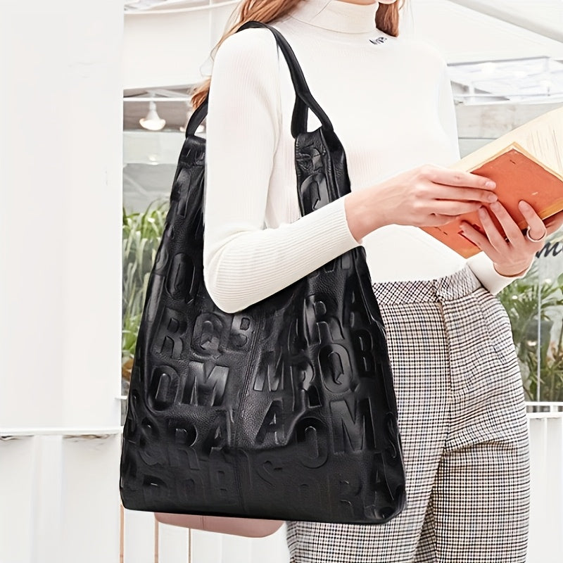 Black Cowhide Handbag, Large Capacity Messenger Bag Waterproof, Commuting Style Leather Tote Bag