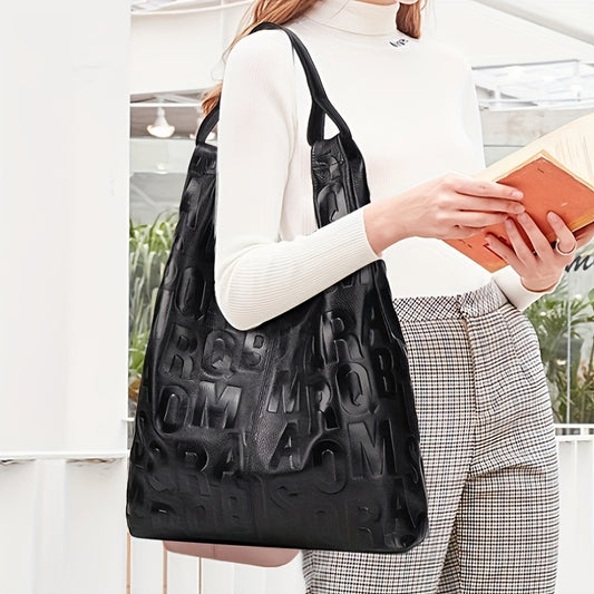 Black Cowhide Handbag, Large Capacity Messenger Bag Waterproof, Commuting Style Leather Tote Bag