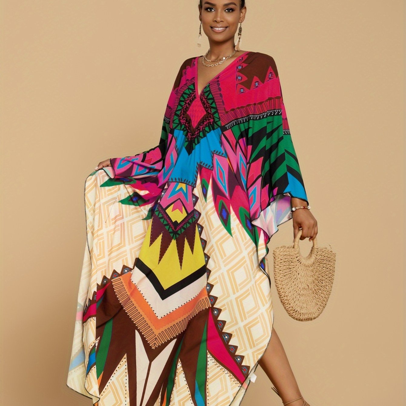 Women's Kaftan Dresses Geometric Patterns Floral Prints Beach Cover Up Chest Casual Home Vacation Ethnic Kaftan Robe Cover Up Batwing Sleeve Elegant Dress