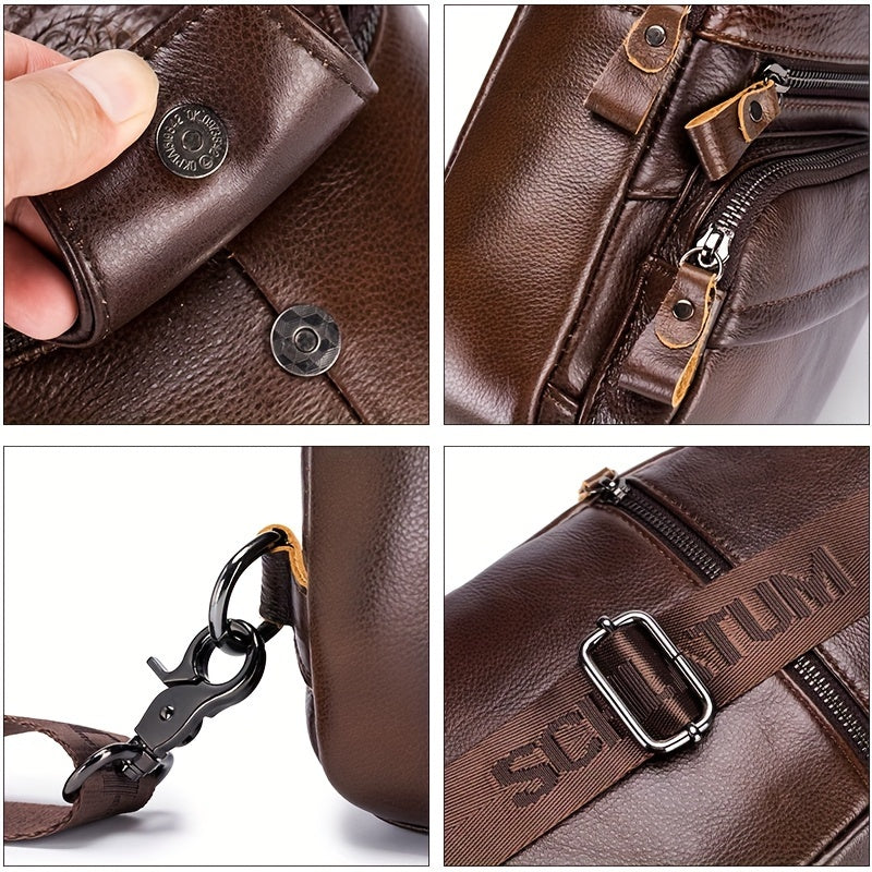 Men's Top Layer Cowhide Sling Bag, Genuine Leather Crossbody Bag, Retro Fashion Commuter Bag Multi-functional Travel Slant Shoulder Bag