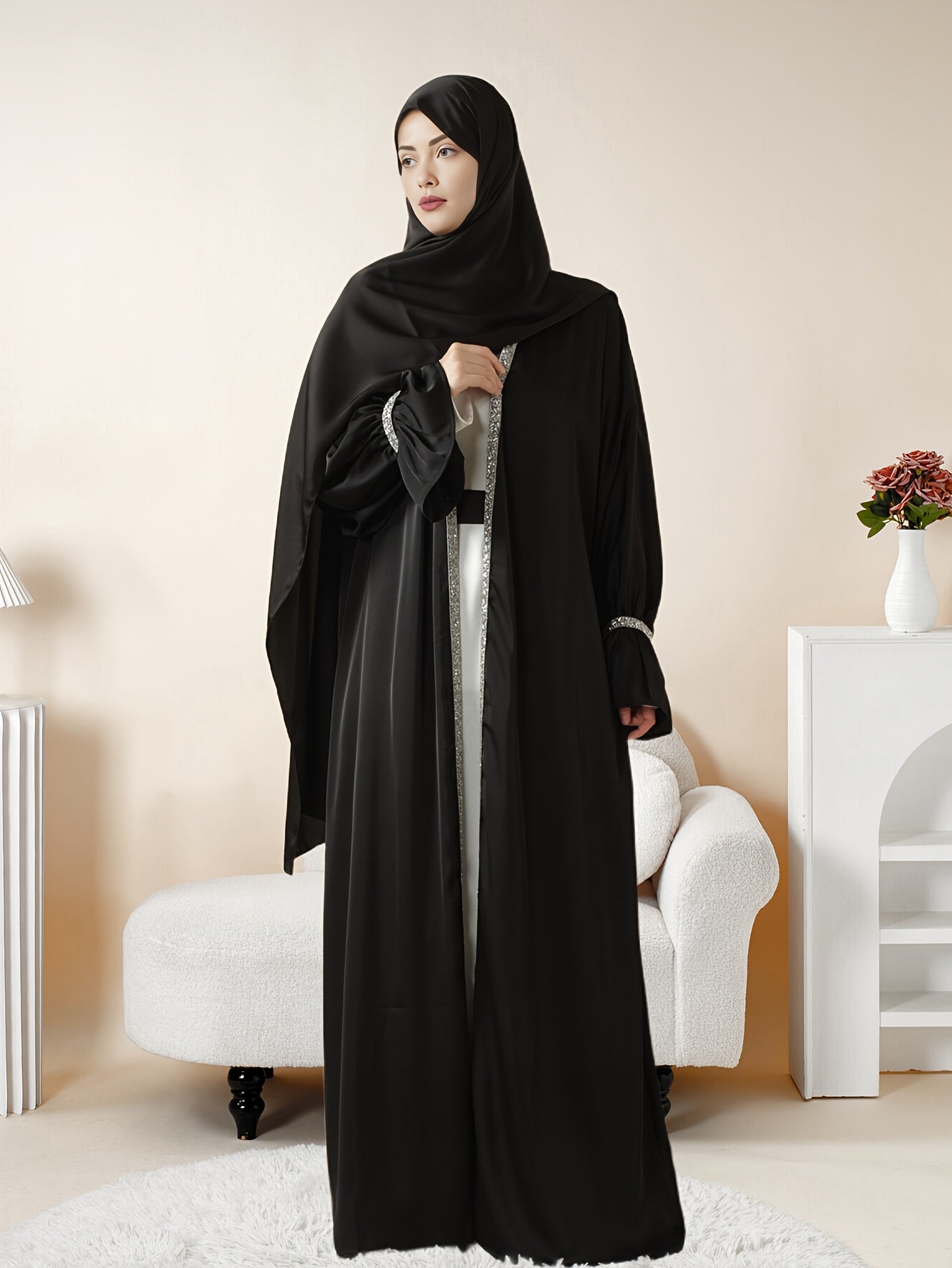 4pcs Set: Poet Sleeve Satin Abaya Eid al-Adha Abaya Muslim Women's Ramadan, Eid al-Fitr, Eid al-Adha, Mawlid, Prayer dress gown robe outfit long robe outfit comfortable soft breathable