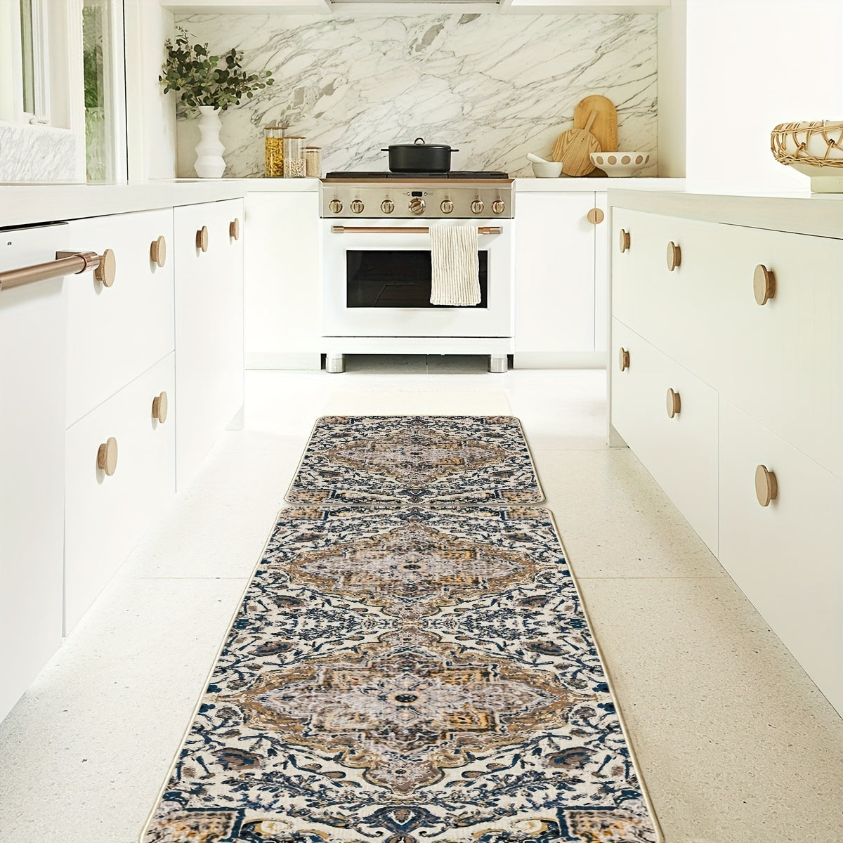 2pcs/set Flowers Bohemia Kitchen Mats, Daily Boho Home Decor Low-Profile Kitchen Rugs For Floor - 17x29 Inches And 17x47 Inches