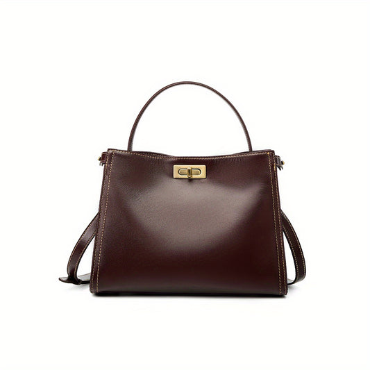 Women's Genuine Leather Crossbody Bag - Retro Minimalist Design with Golden-Tone Clasp Closure, Versatile Commuting & Dating Handbag