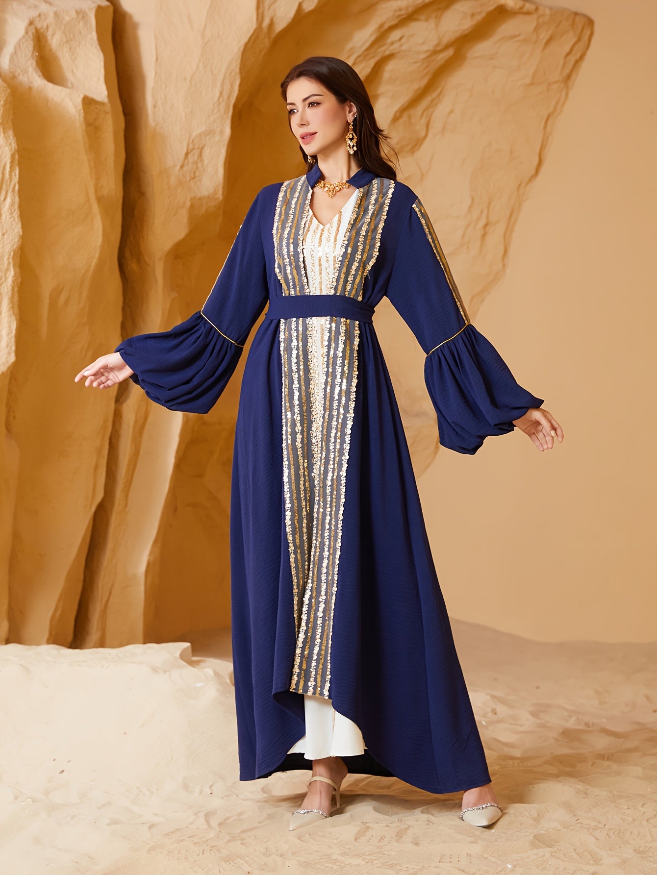 Elegant Blue & Golden Sequin Modern Abaya for Women - Long Sleeve, Lantern Sleeves, Belted Waist, Geometric Pattern, Loose Fit, Perfect for Spring/Summer/Fall Celebrations