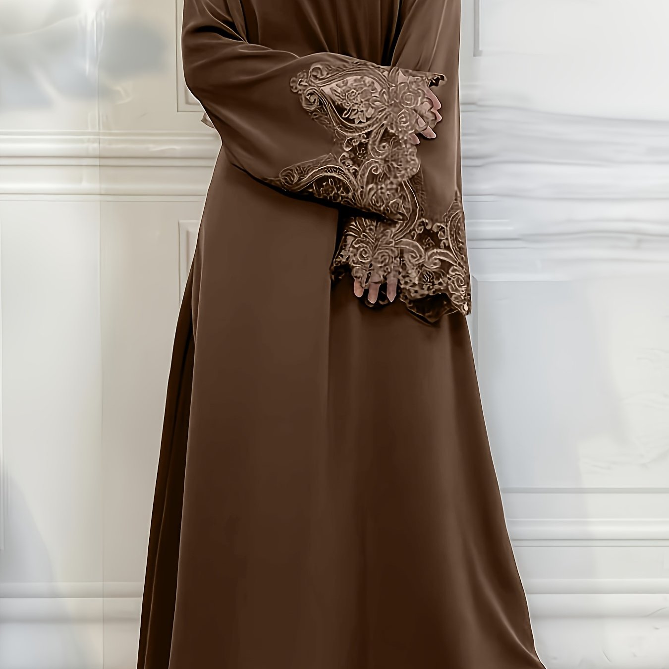 Middle Eastern Style Brown Women's Turkish Abaya Robe | Machine Washable Solid Lace Trim & Tie-Front Closure, All-Season Modest Dress for Casual & Formal Wear, Formal Cover Clothing