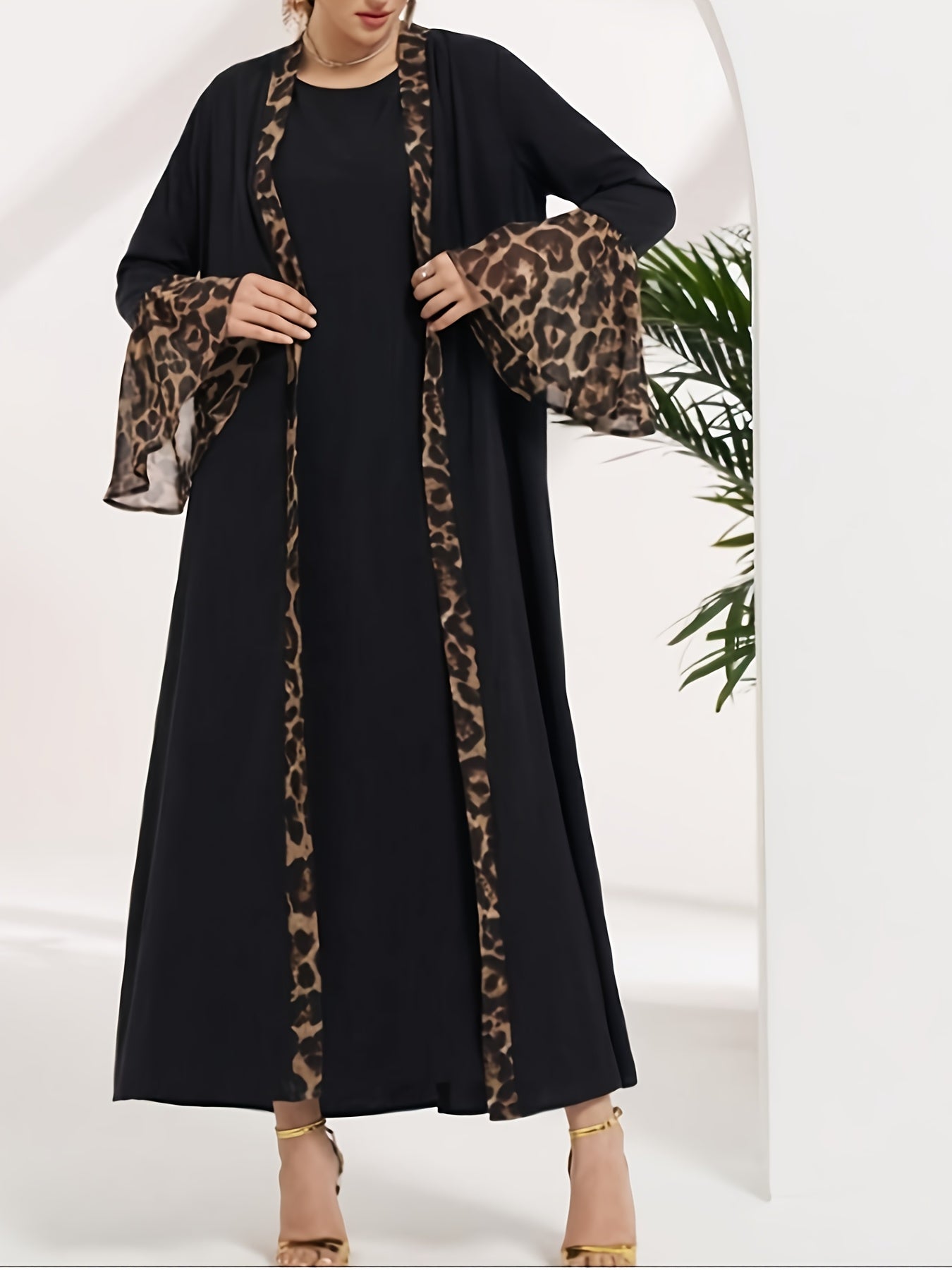 Plus Size, Graceful Women's Two-Piece Long Dress Set with Leopard Print Patchwork, Middle Eastern Pakistani Abaya Muslim Abaya 2pcs Long Sleeve Jumpsuit Casual Elegant Robe