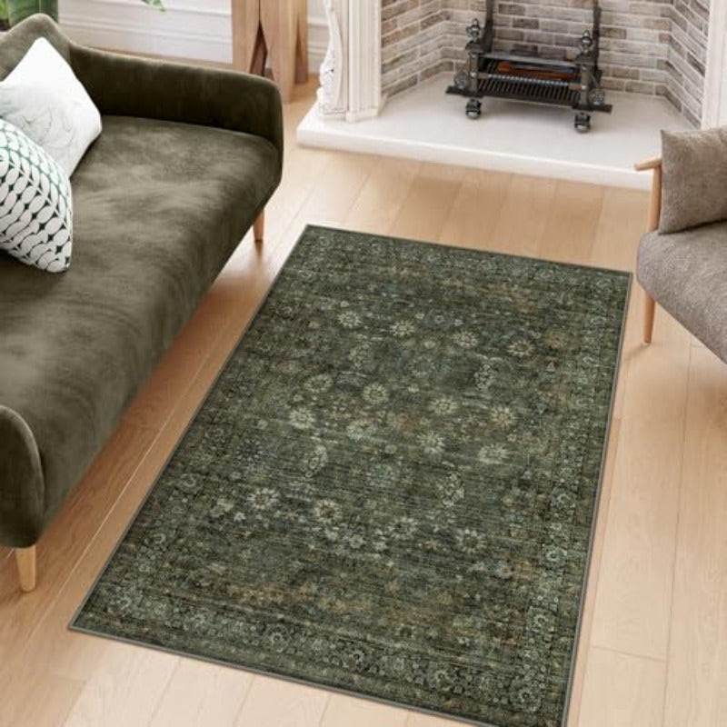 Green Boho Washable 3x5 Kitchen Rug Non SlipVintage Indoor Mats for Entryway Low Pile Small Rugs for Bedroom Throw Carpet for Entrance Bathroom Laundry Room Home Decor 3 x 5
