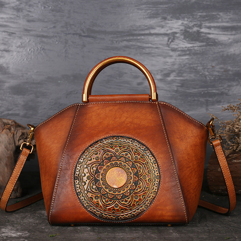 Genuine Leather Women's Handbags, Tote Bags, Large-Capacity Bags, Chinese-Style Crossbody Dumpling Bag, Messenger Bag