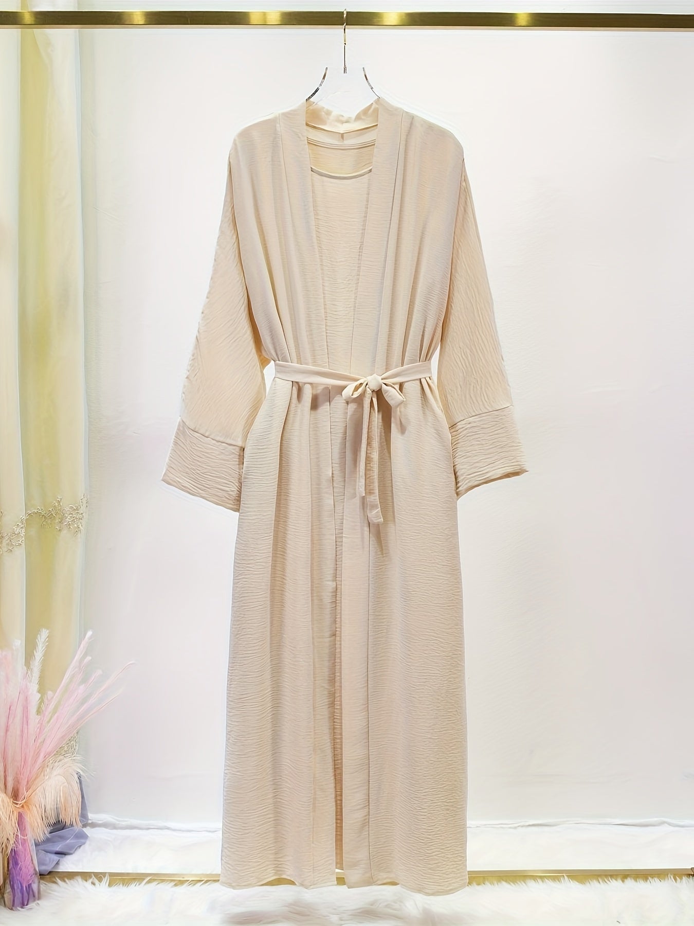 Ramadan Solid Color Modest Pakistani Abaya Set, Casual Crew Neck Sleeveless Tank Dress & Open Front Long Sleeve Tie Cardigan Outfits, Women's Clothing
