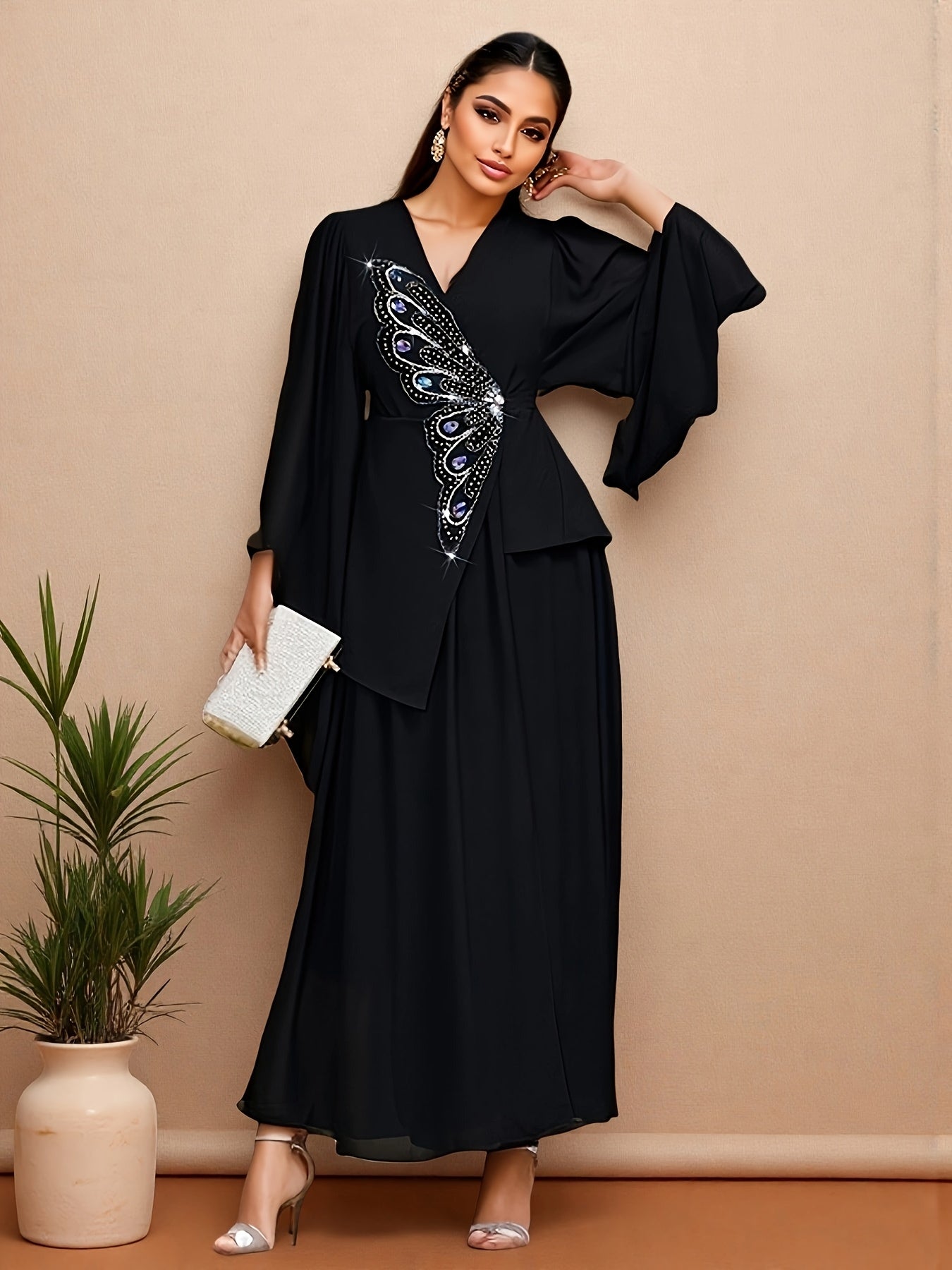 Women's Elegant Turkish Party Abaya - Formal Gala & Wedding Attire - Non-Stretch Black Gown - Hand Washable Special Occasion Outfit - Dresses for Wedding Guest Elegant