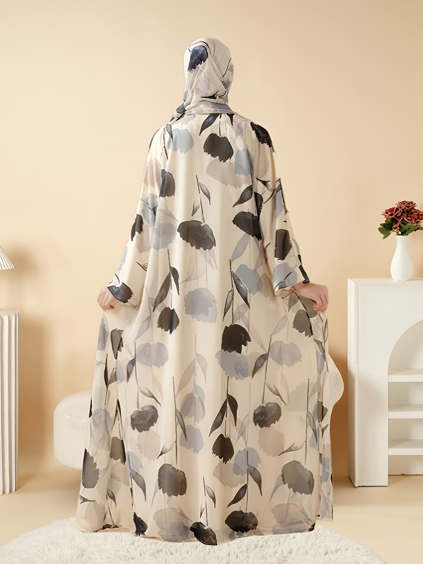 Elegant Floral Print Abaya Set - Lightweight, Open Front Long Robe with Matching Garment, Polyester, Non-Stretch Fabric, Perfect for Summer, Middle Eastern Fashion