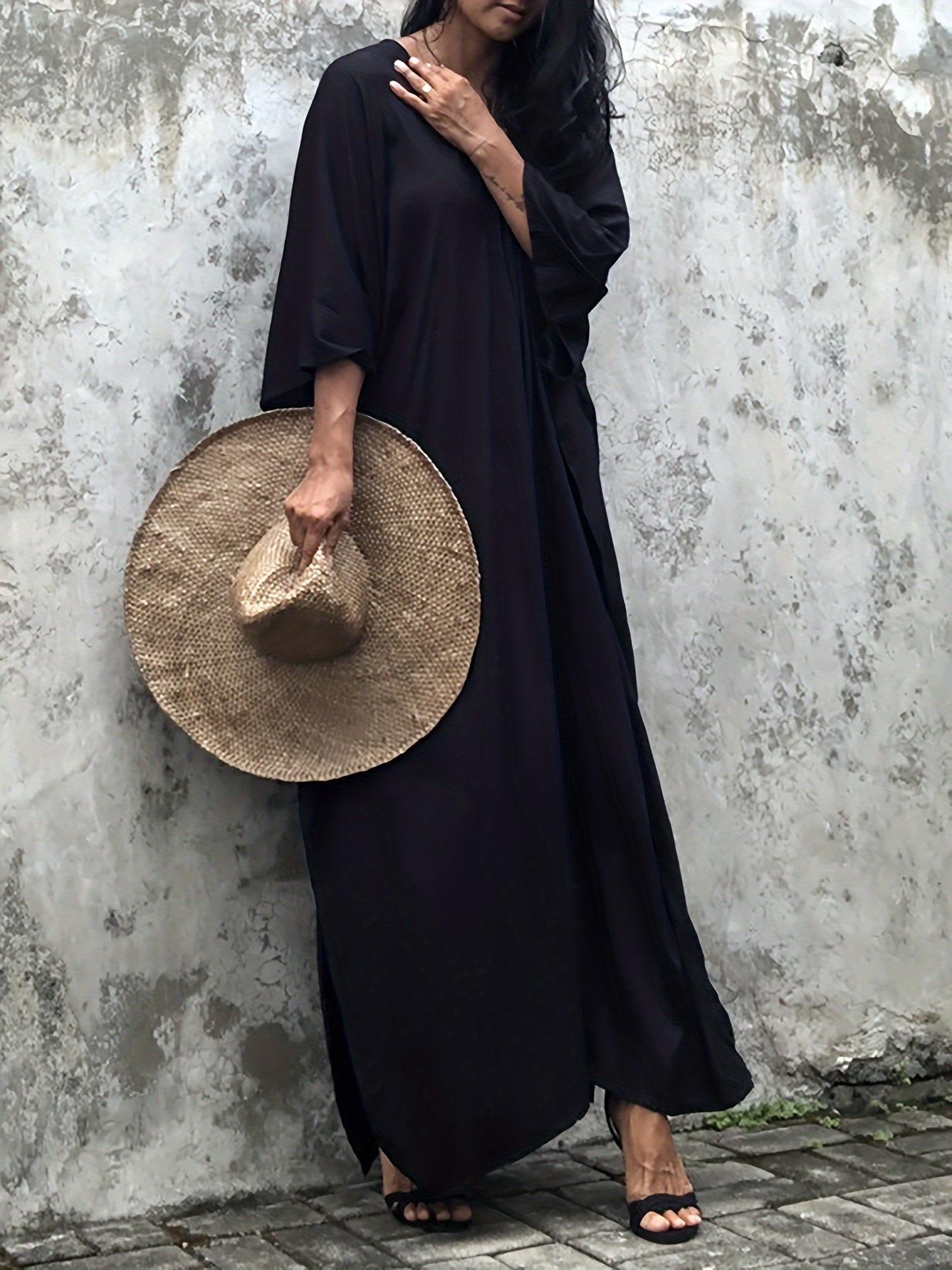 Elegant Plus Size Kaftan Abaya - Luxurious Batwing Sleeve, Flowy Loose Fit Maxi Robe for Women - Soft Rayon Blend, Non-Stretch Fabric, Perfect for Spring, Summer, and Fall Seasons