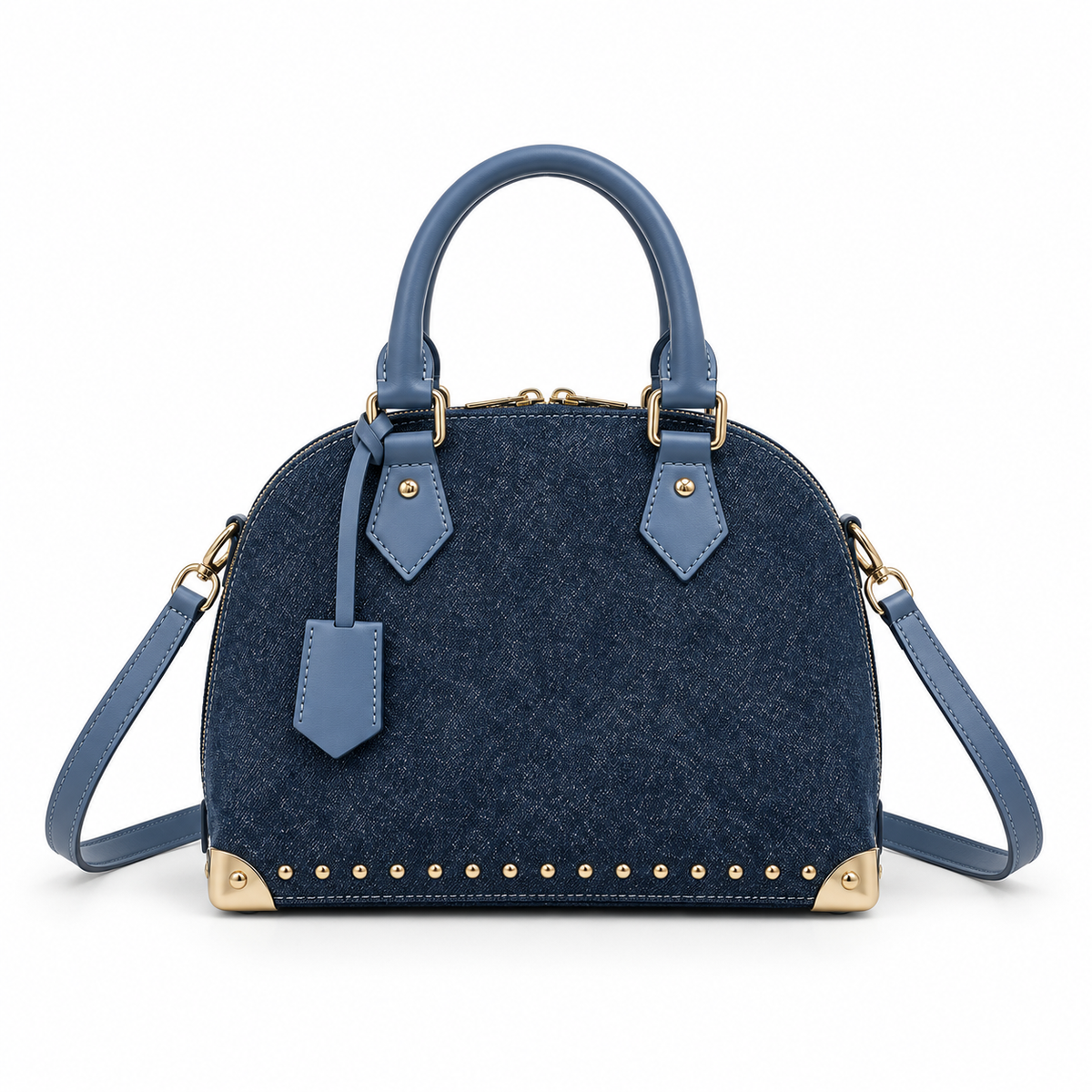 Blue Denim Dome Handbag With Studs