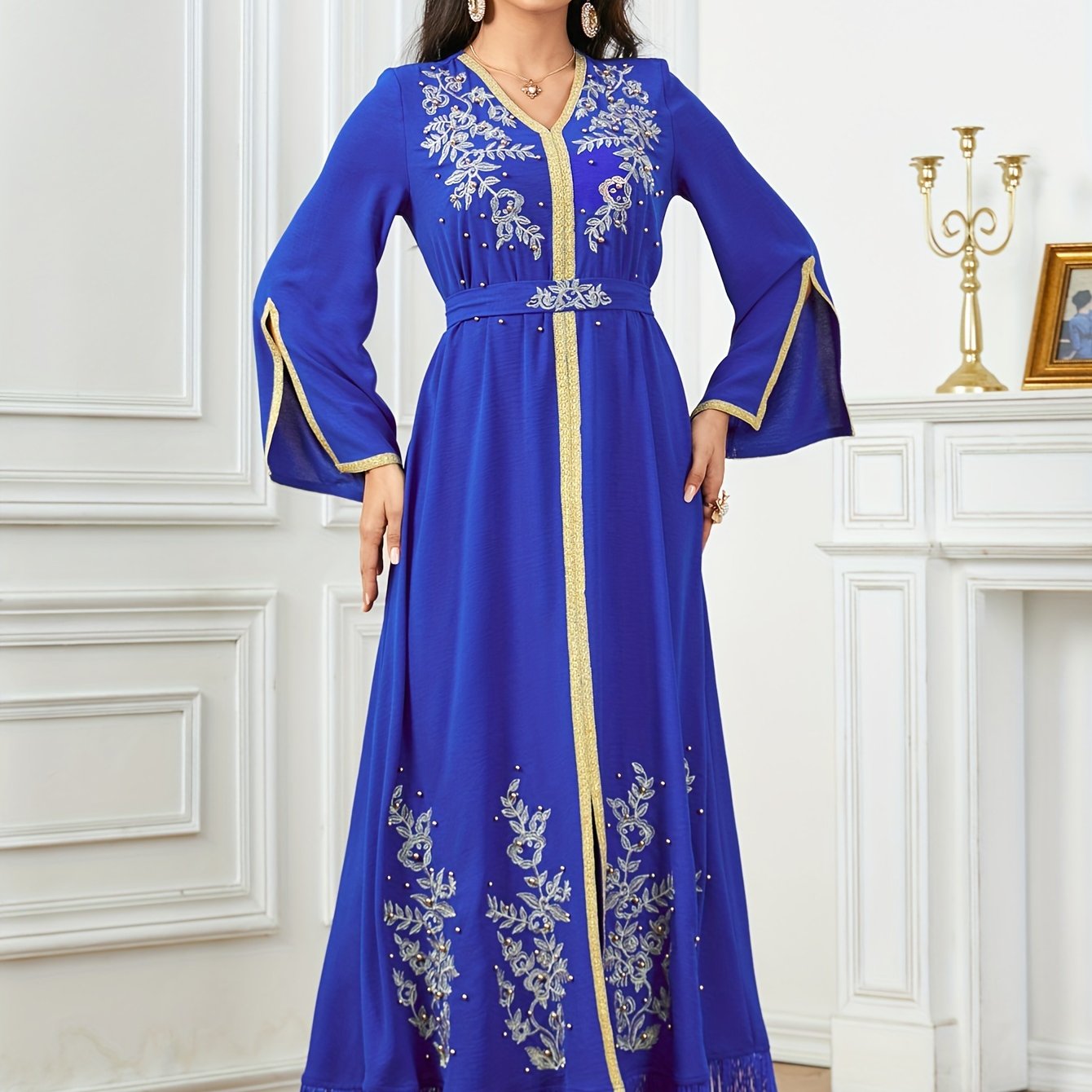 Women's Embroidered Long Sleeve Modern Abaya, 100% Polyester, Solid Color, Non-Stretch Woven Fabric, 155g/m² Weight, 90g/m² Lining, All-Season Fashion with Belt Detail