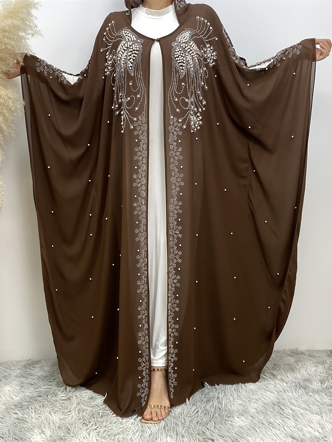 Luxury Chiffon Rhinestone-Embellished Hooded Muslim Kimono Abaya with Batwing Sleeves - Long Formal Party Gown, Machine Washable Elegant Modest Evening Dress for Spring/Summer