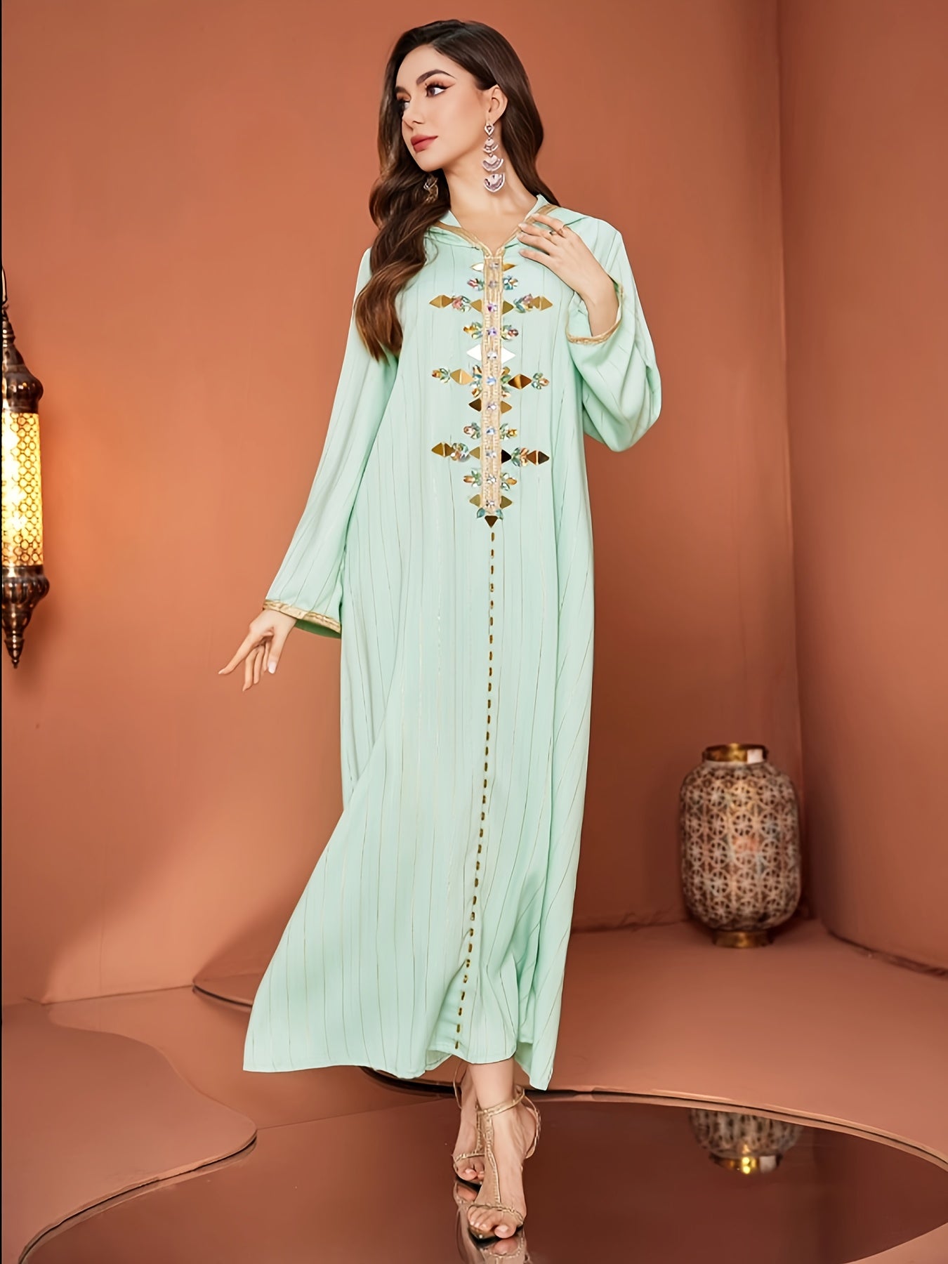 Elegant Mint Green Women’s Hooded Kaftan Dress with Rhinestone Embellishments, Long Sleeve Emirati Abaya with Zipper Front and Golden Trim, All-Season Wear