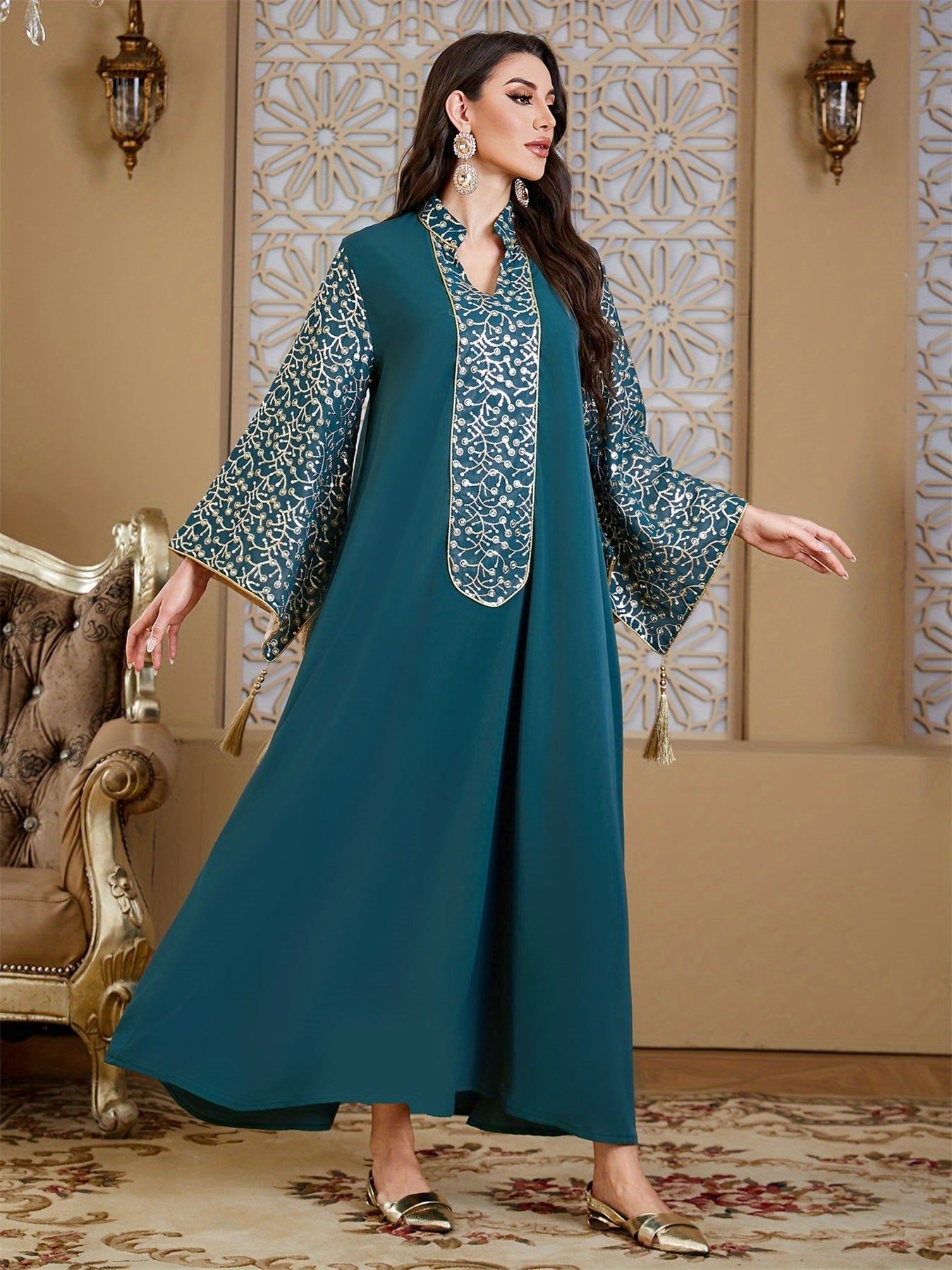 Elegant Muslim Kaftan Abaya Evening Dress with Floral Embroidery & Tassel Flare Sleeves - Navy Blue Maxi Abaya for Women, Middle Eastern-Inspired Traditional Gown, Hand Wash/Dry Clean