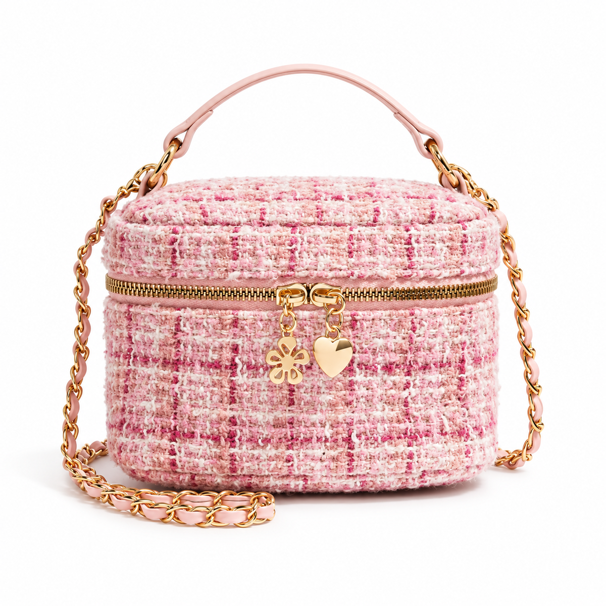 Pink Tweed Crossbody Bag With Charms