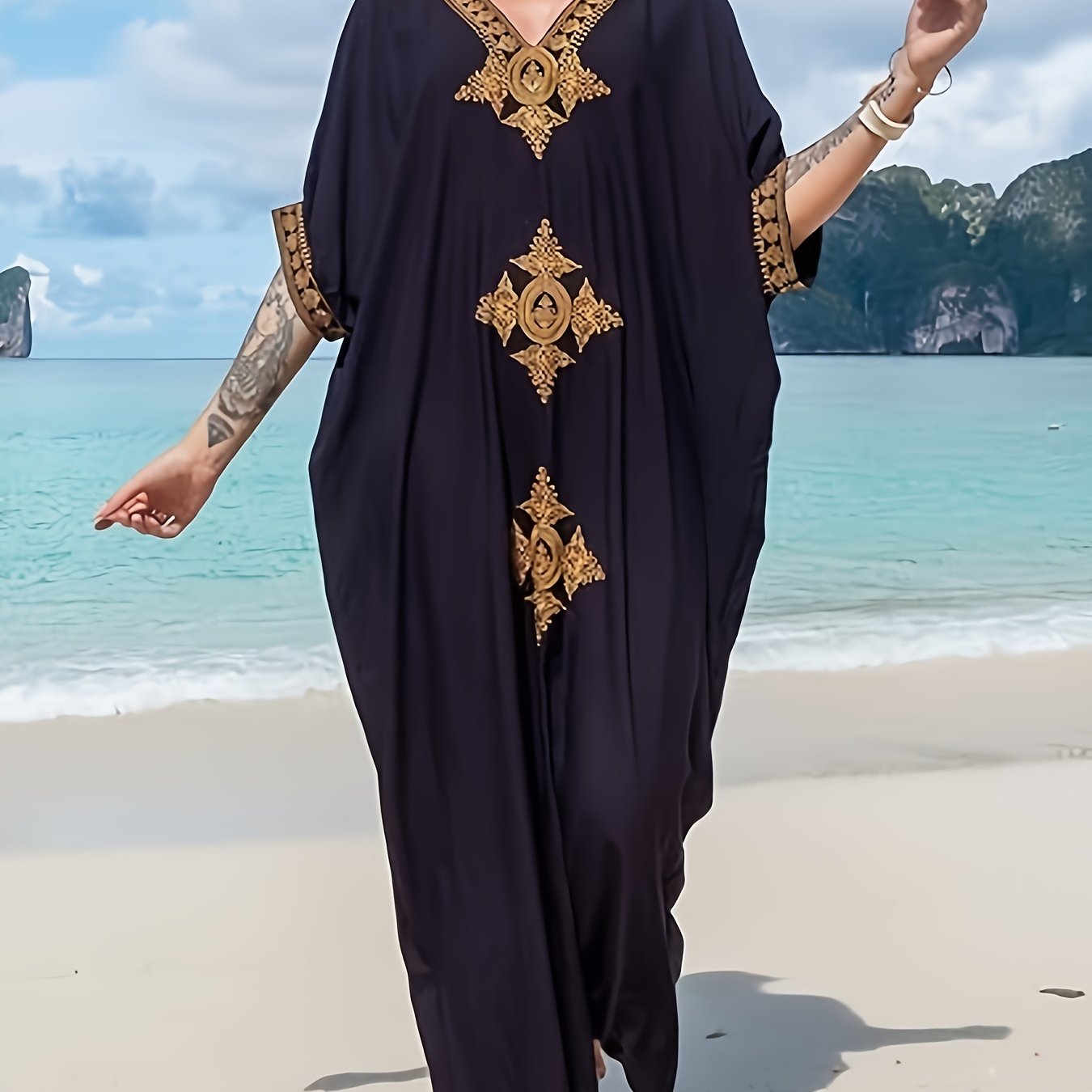 Gold Embroidery Long Kaftan Dresses V Neck Caftan Dress Beach Cover Ups