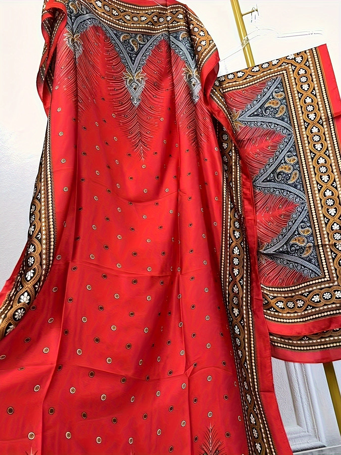 Print Abaya | Women's Clothing | Elegant Short Batwing Sleeve Kaftan | Loose Dress With Scarf | For Spring & Summer