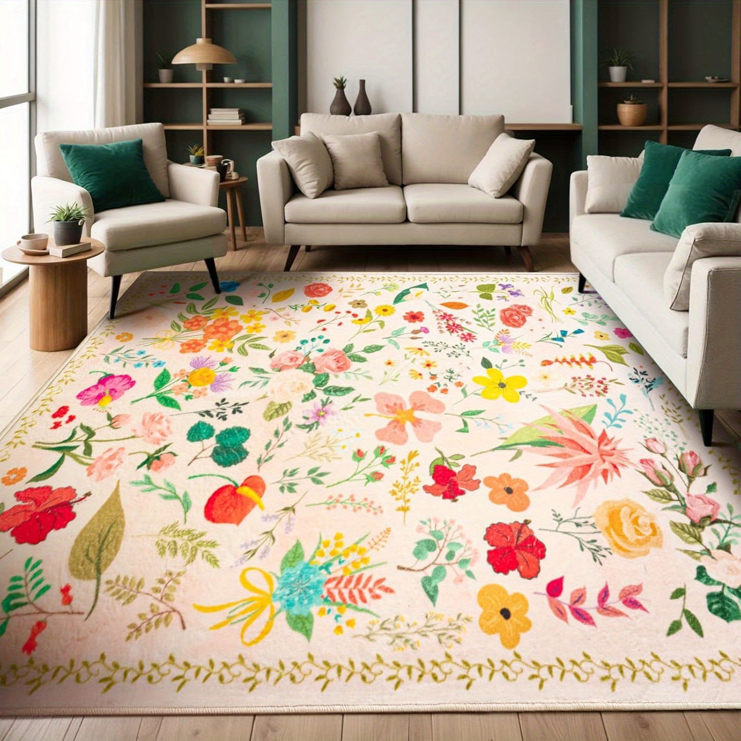 Vibrant Floral Print Area Mat - Soft Beige Imitation Cashmere, Anti-Slip & Machine Washable, Perfect for Living Room, Bedroom, or Home Decor, Rugs for Living Room