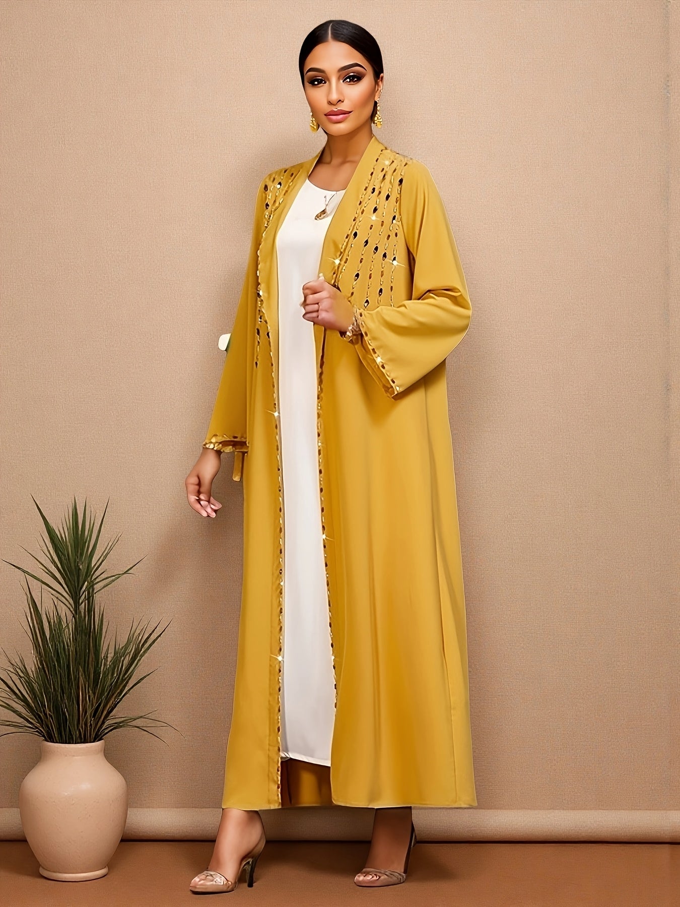 Women's Middle Eastern Abaya - Elegant Long Robe with Long Sleeves, Open Front Mustard-Yellow Islamic Dress for Wedding, Formal Events - Non-See-Through Formal Attire