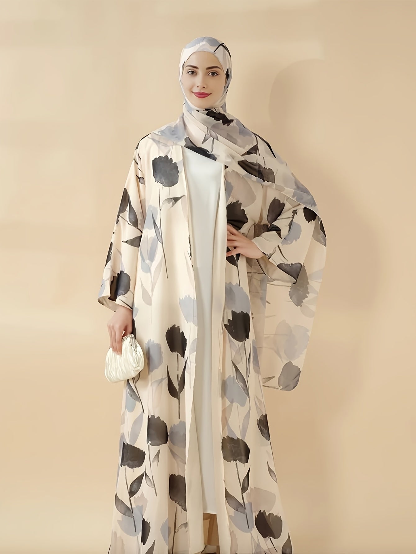2pcs Elegant Muslim Women's Pakistani Abaya & Headscarf Set - Floral Print Long Sleeve Robe with Lightweight Comfortable Fabric, Perfect for Daily Wear, Family Gatherings, and Travel