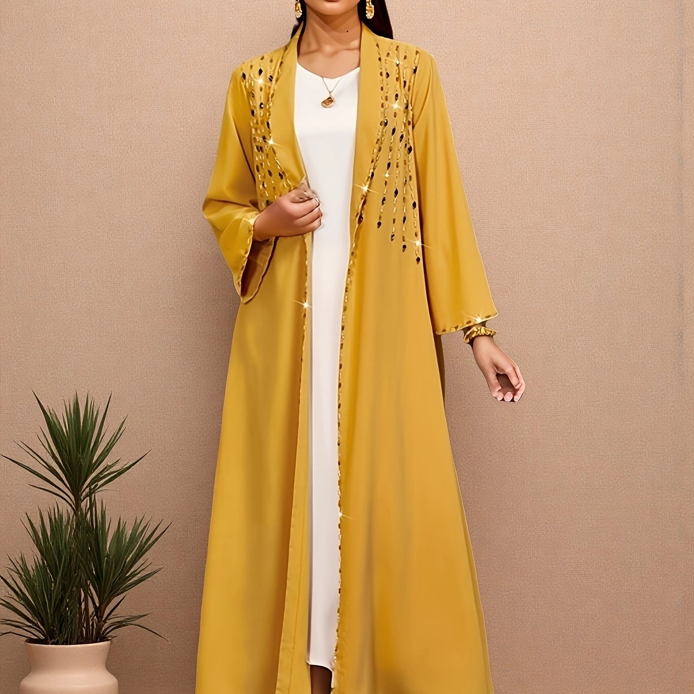 Women's Middle Eastern Abaya - Elegant Long Open Robe with Rhinestone Accents, Mustard-Yellow Islamic Dress for Weddings, Formal Events - Non-See-Through