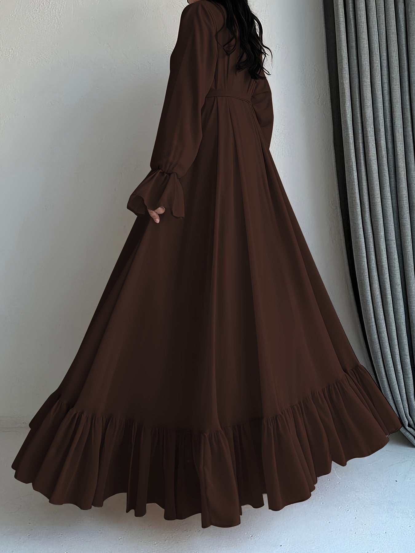 Stunning Solid Color Belted Peplum Maxi Dress - Elegant Palestinian Abaya for Women with Long Sleeves, Pleated Design, and Flattering Silhouette for Spring and Fall Seasons - Chic and Modest Clothing