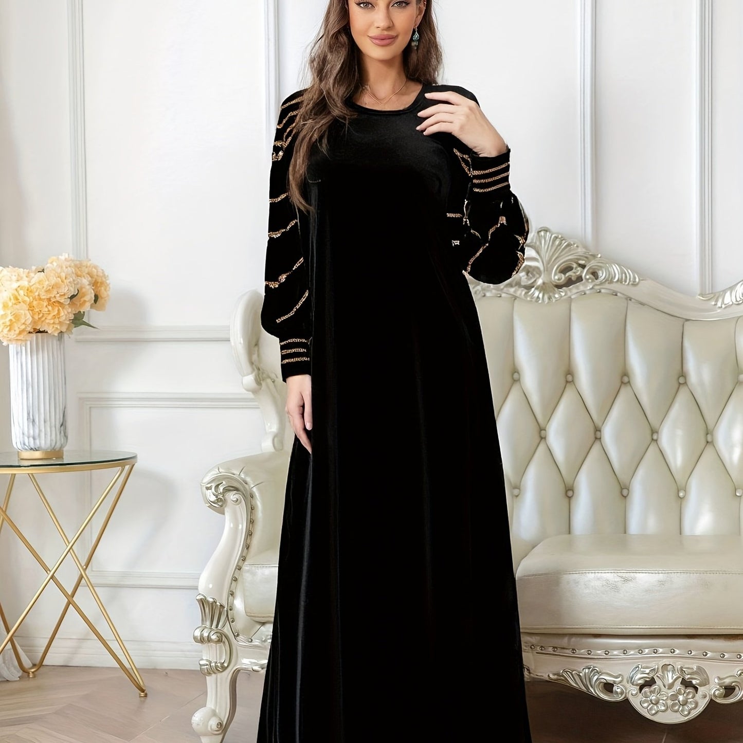 Elegant Black Rhinestone-Embellished Long Turkish Abaya for Women - Elegant Sleeveless Midi with V-Neck, Perfect for Ramadan & Eid, Stylish Turkish And Arabic Fashion, Ramadan Dress