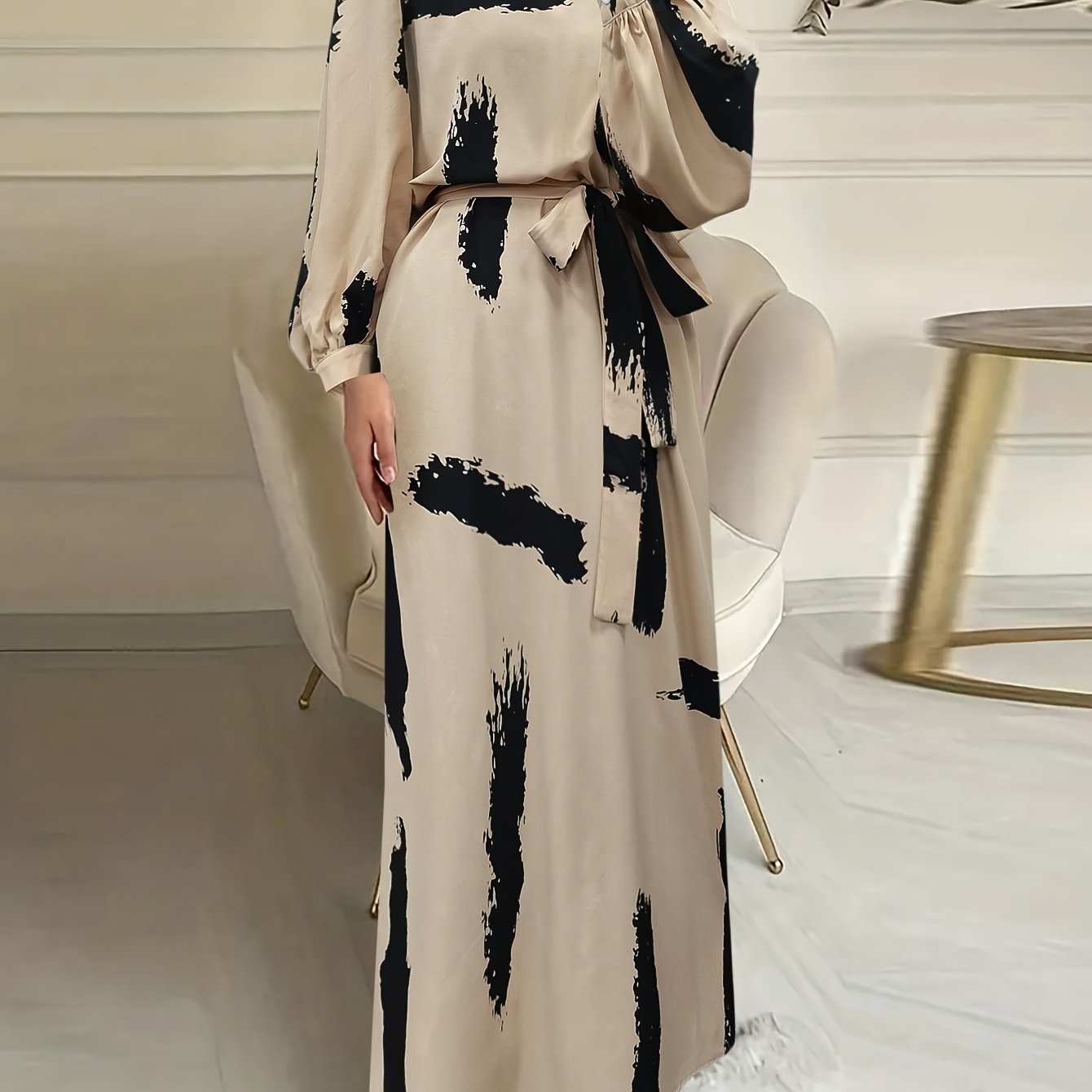 Women's Middle Eastern-Inspired Baju Abaya with Adjustable Waist Belt - Long Sleeve Full-Body Print, Machine Washable Lightweight Fabric, Beige & Black All-Season Modest Cover Dress
