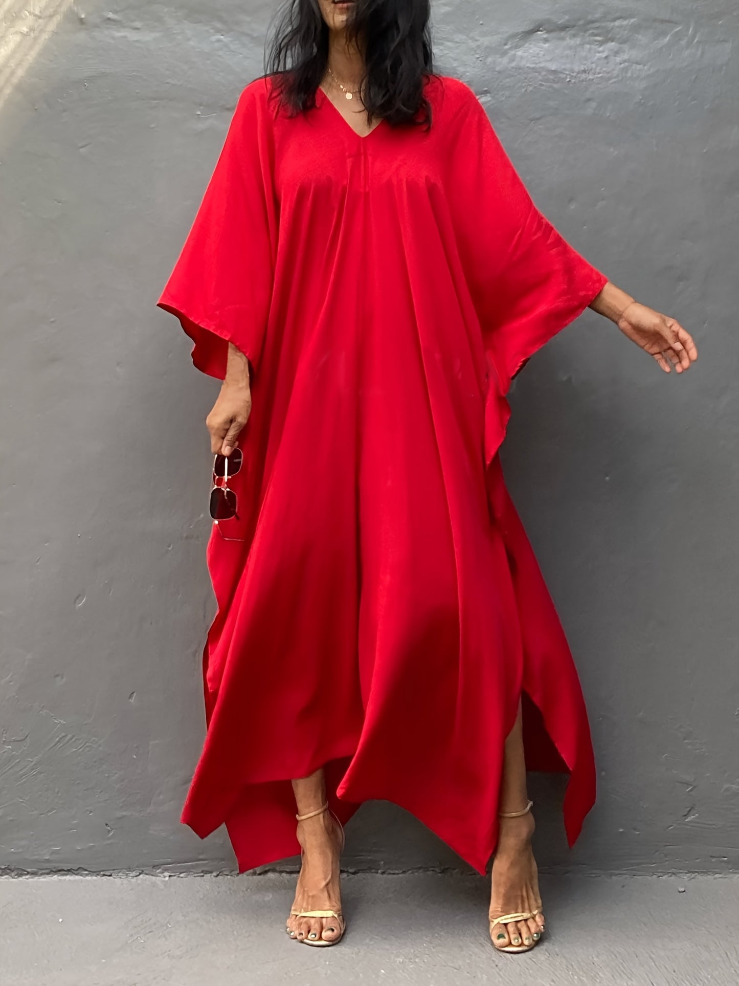 Elegant Plus Size Kaftan Abaya - Luxurious Batwing Sleeve, Flowy Loose Fit Maxi Robe for Women - Soft Rayon Blend, Non-Stretch Fabric, Perfect for Spring, Summer, and Fall Seasons