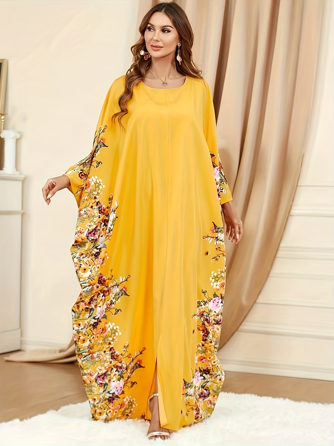 Floral Print Crew Neck Kaftan Abaya, Elegant Batwing Sleeve Split Maxi Dress, Women's Clothing