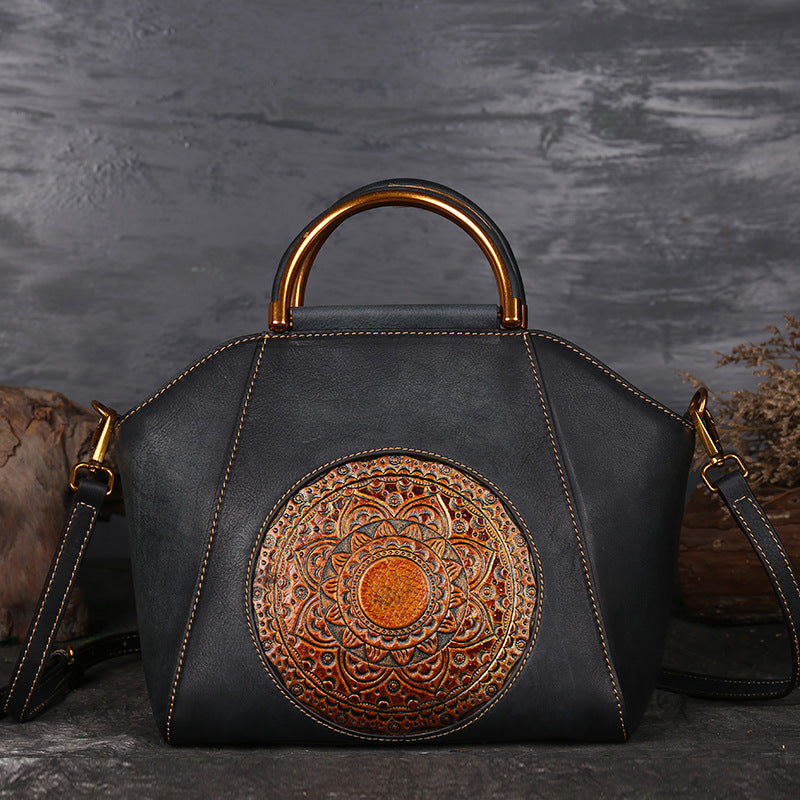 Genuine Leather Women's Handbags, Tote Bags, Large-Capacity Bags, Chinese-Style Crossbody Dumpling Bag, Messenger Bag