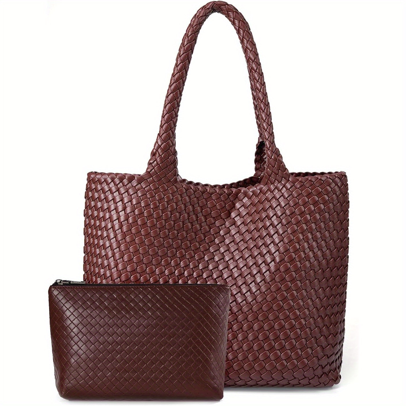 Women's Vegan Tote Bag - Large Woven Handbag with Zipper Closure & Wrist Strap, White & Brown Striped Design, Durable Oil-Edged Finish for Casual or Formal Use