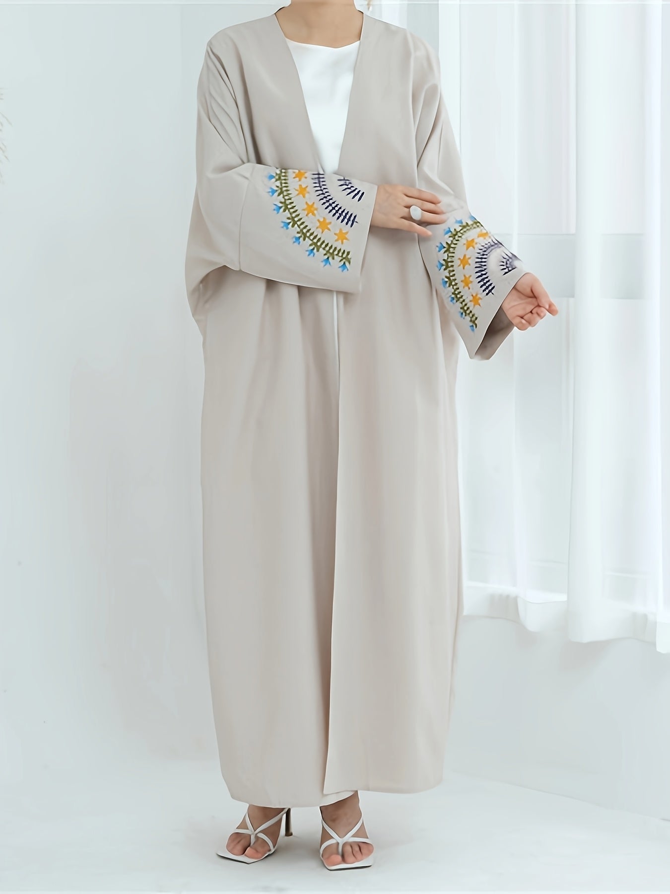 Elegant Beige Kimono Abaya - Open Front Linen-Look Polyester Dress for Women, Long Sleeve with Contrast Trim, All-Season Islamic Wear (Sizes S to XXL), Modest Clothing