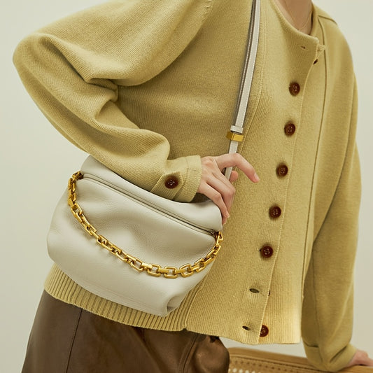 2025 New Women's White Leather Pleated Cloud Crossbody Bag with Adjustable Chain Strap & Golden-Tone Hardware