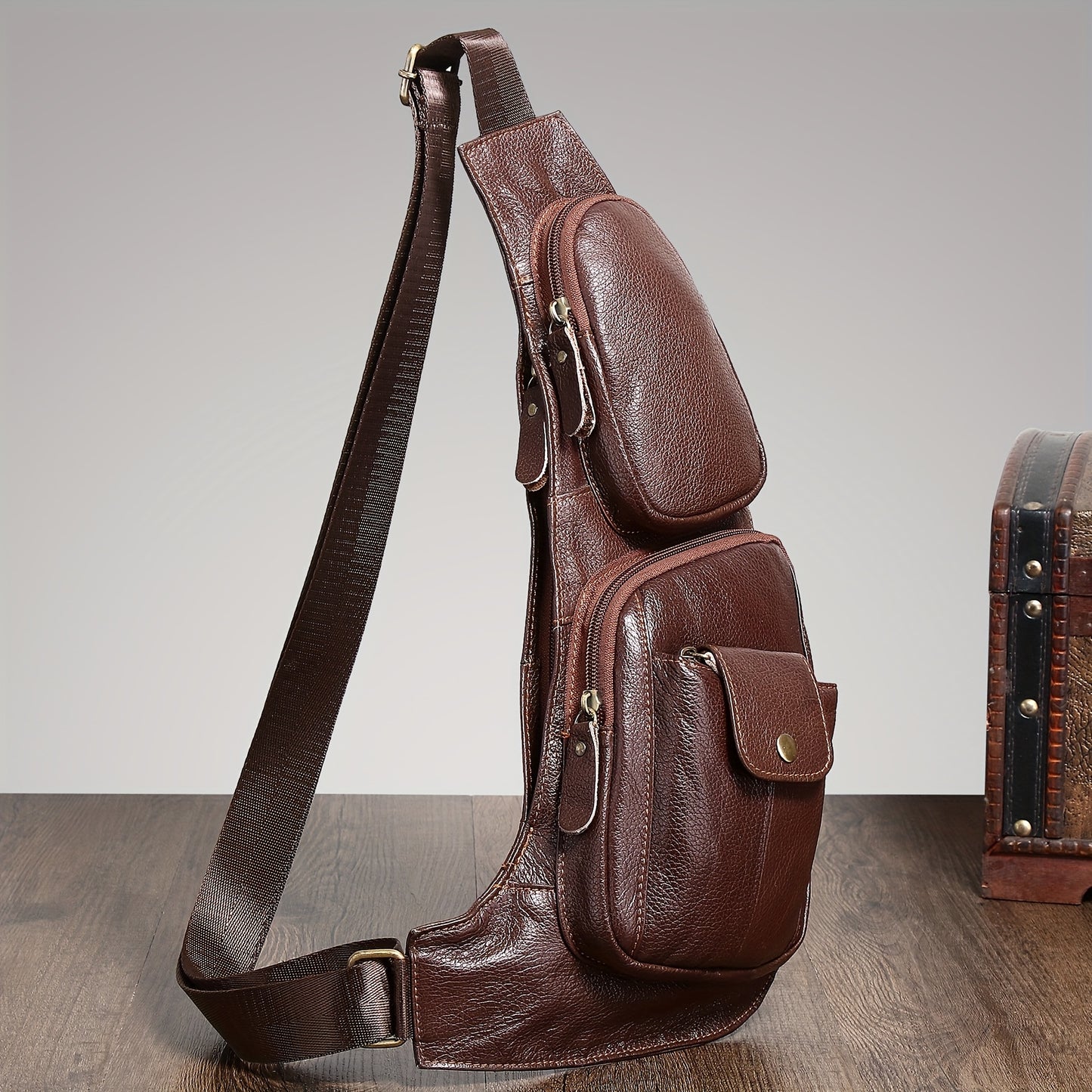 Genuine Leather Sling Bag for Men & Women - Adjustable 41.33" Crossbody Chest Pack with Multiple Zippered Compartments